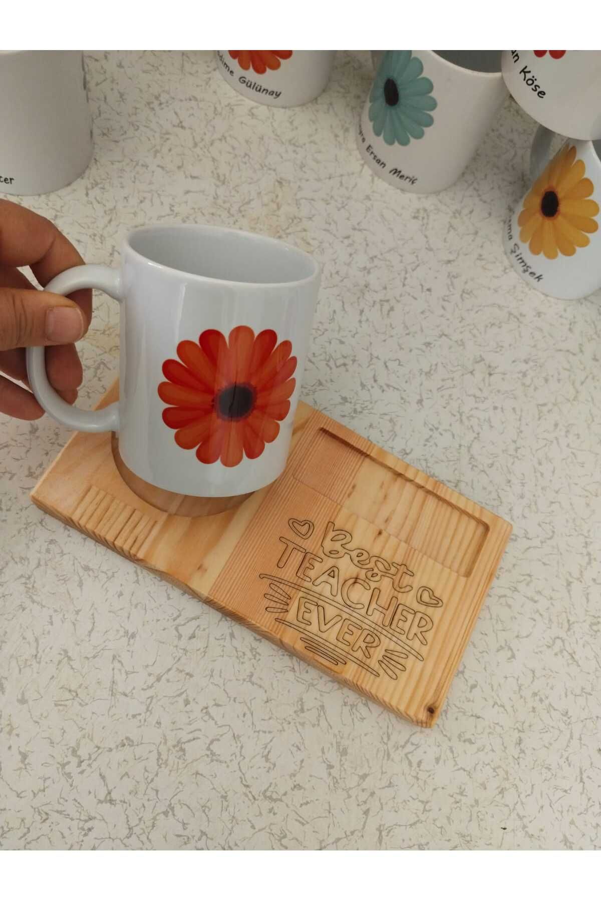 KaleTreeWood Kupa & Ahşap Tepsi Hediye Seti, En iyi öğretmen, Best Teacher Ever, Çiçekli Kupa, Sana özel