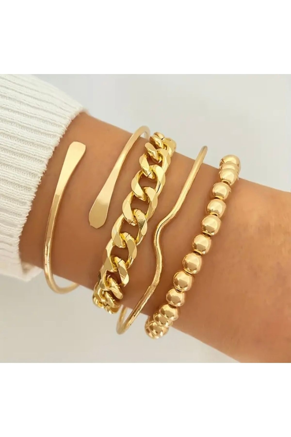 Accessories Vanilla Avenue 4 Parça Bohem Tarz Lüks Bükümlü Zincir Boncuk Günlük Kadın Bilezik Seti