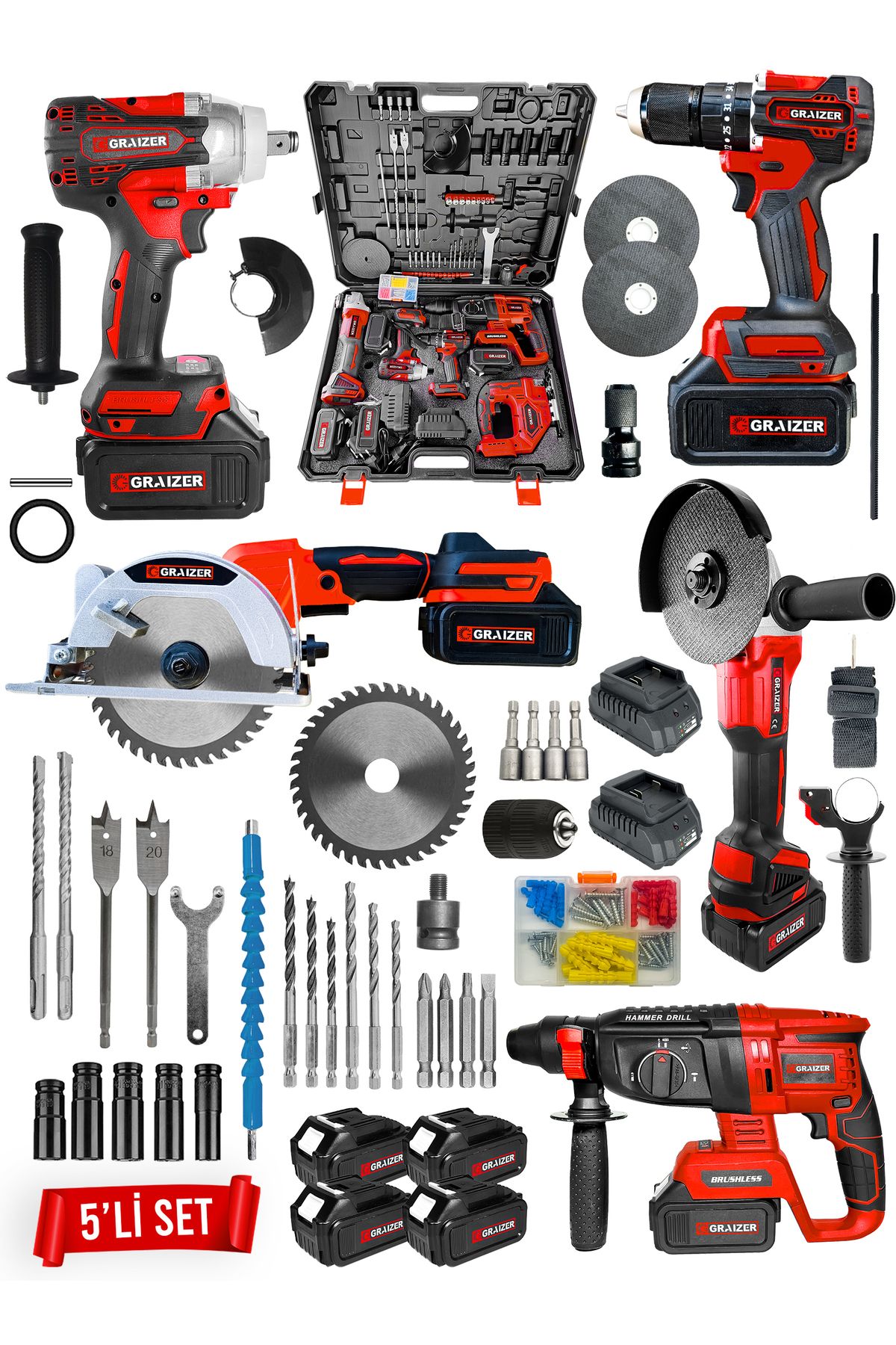 Graizer Powerforge Profesyonel Kömürsüz 4 Bataryalı Çelik Şanzıman 5'li Set Sunta Kesmeli-Kırmızı