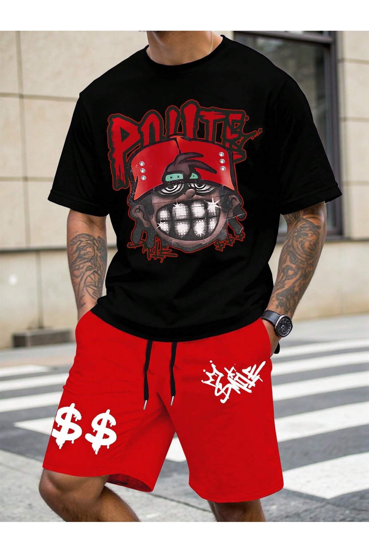 aynewmoda Erkek 2 Parça Hip Hop Karakter Baskılı Tişört ve Şort Takımı