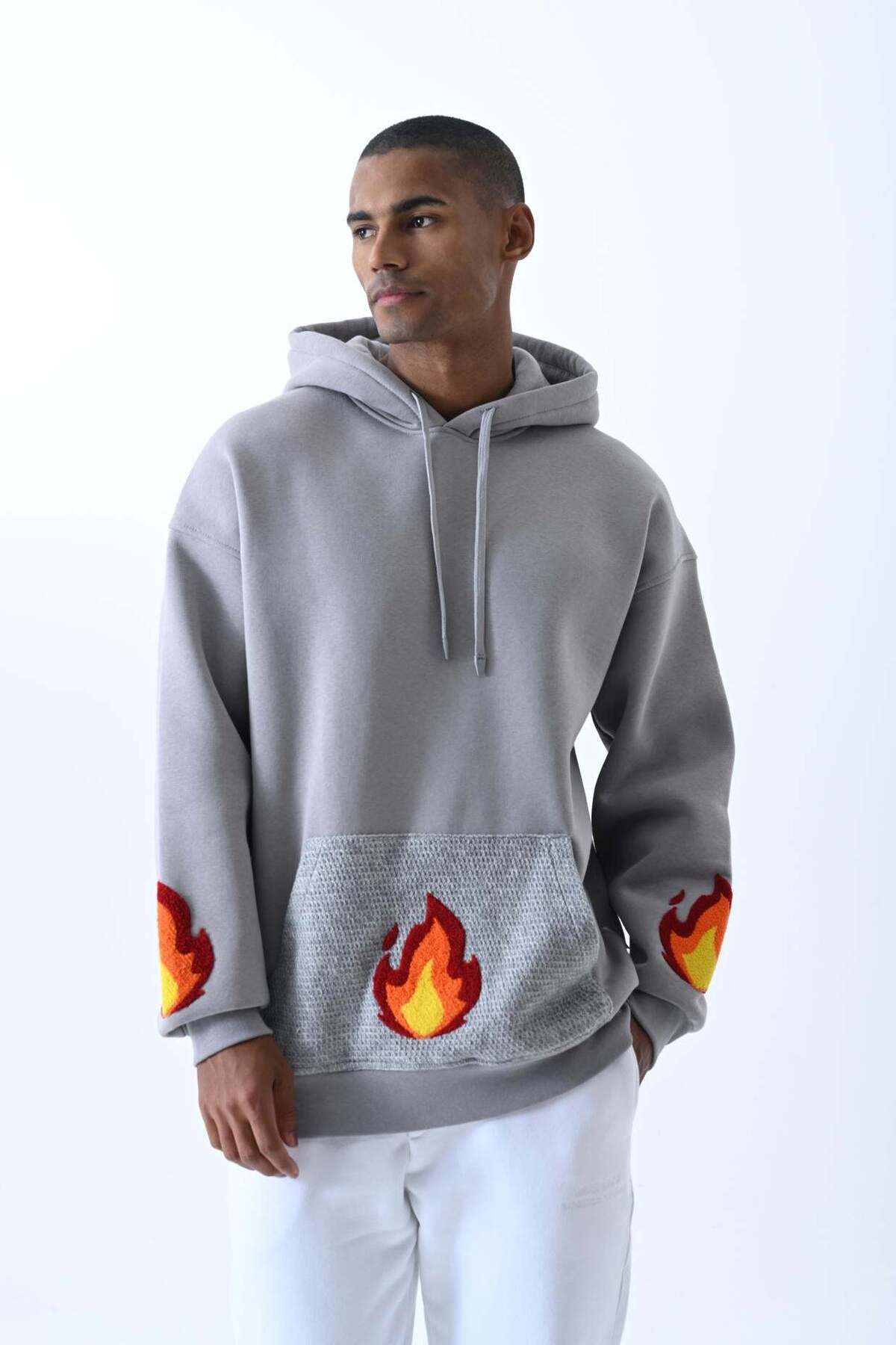 jaceyjace Alev Nakışlı Kapüşonlu Oversize Sweatshirt - Gri