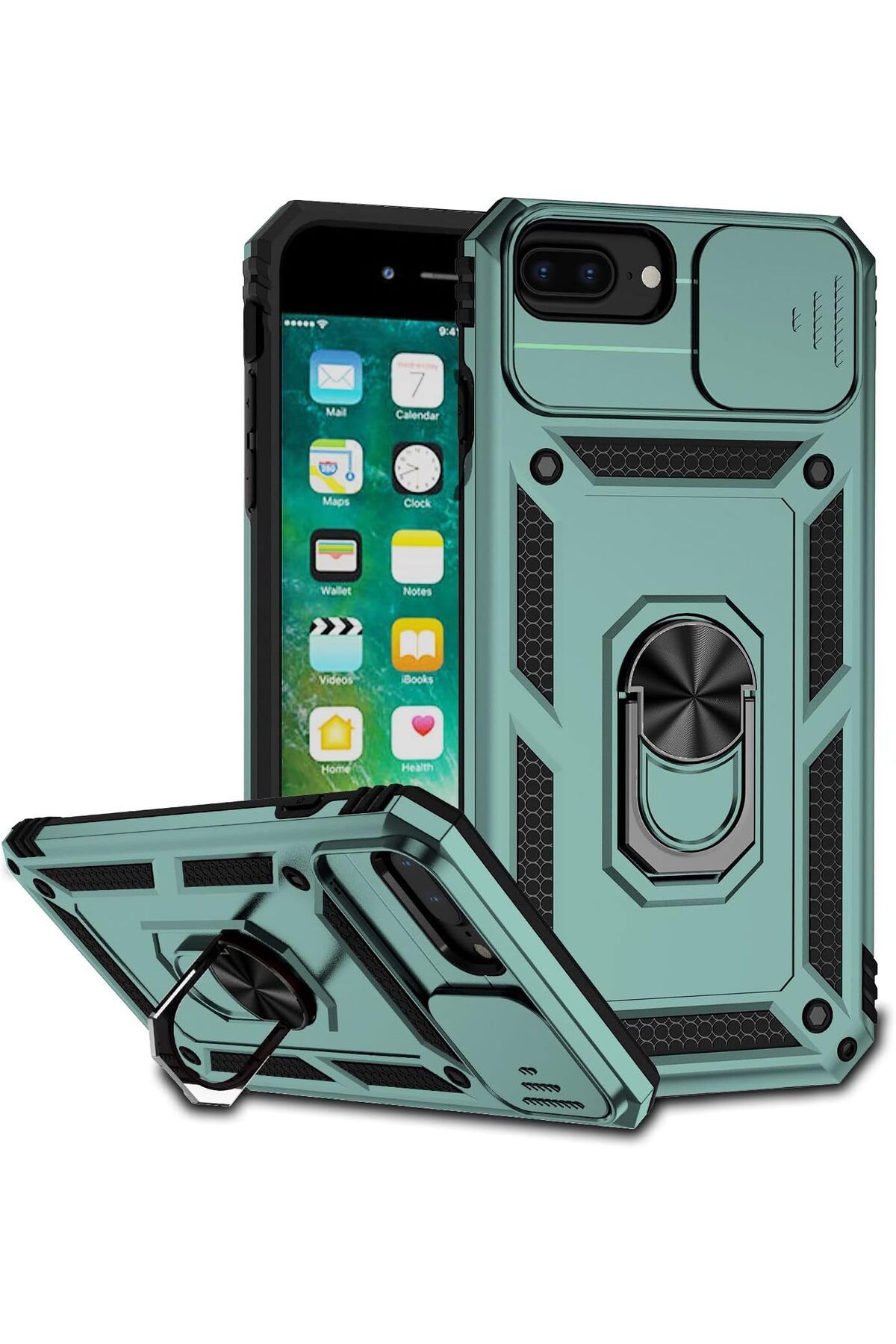 Rivor Apple iPhone 7 Plus & iPhone 8 Plus Kılıf Kamera Sürgülü Standlı Yüzüklü Darbe Emici Zırh Kapak