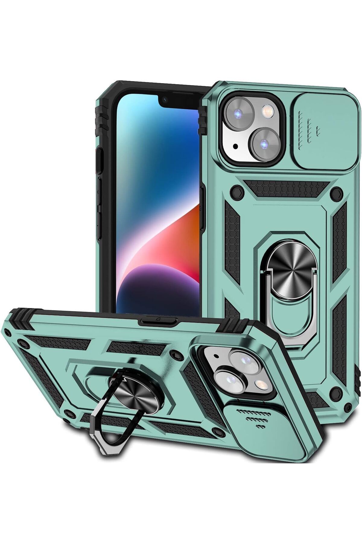 Rivor Apple iPhone 14 Plus Kılıf Kamera Sürgülü Standlı Yüzüklü Darbe Emici Zırh Koruyucu Tank Kapak