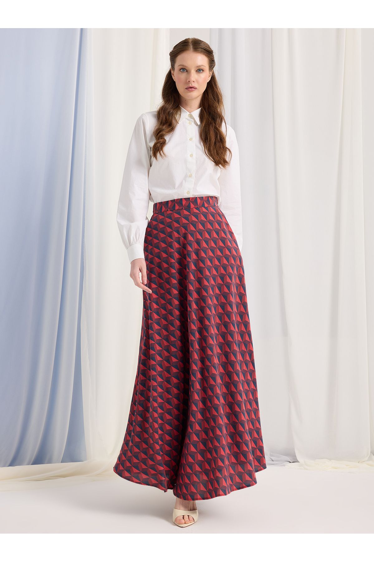 Store Wf Kirmizi Modern Print Maxi Etek