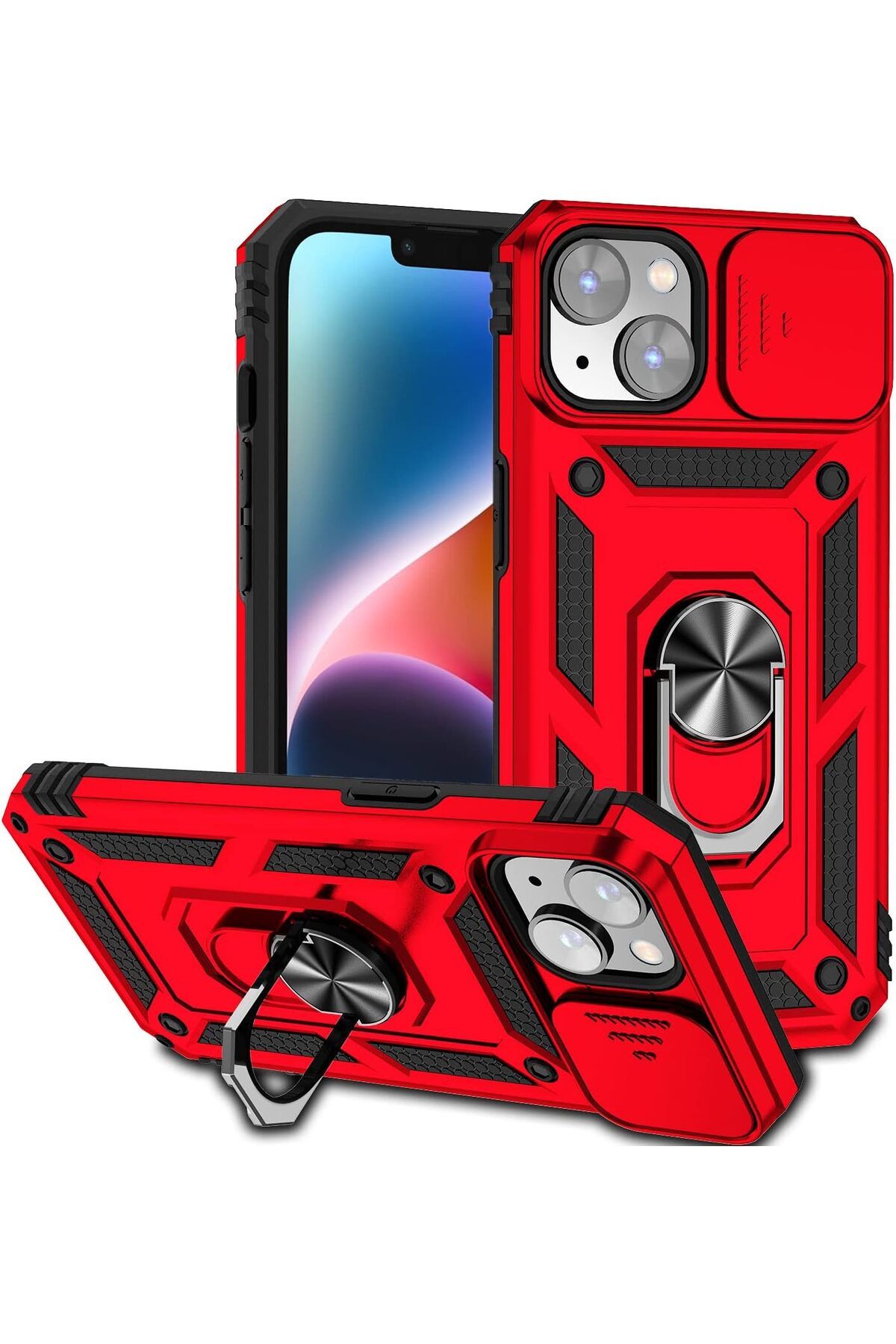 Rivor Apple iPhone 15 Uyumlu Kılıf Kamera Sürgülü Standlı Yüzüklü Darbe Emici Zırh Koruyucu Tank Kapak
