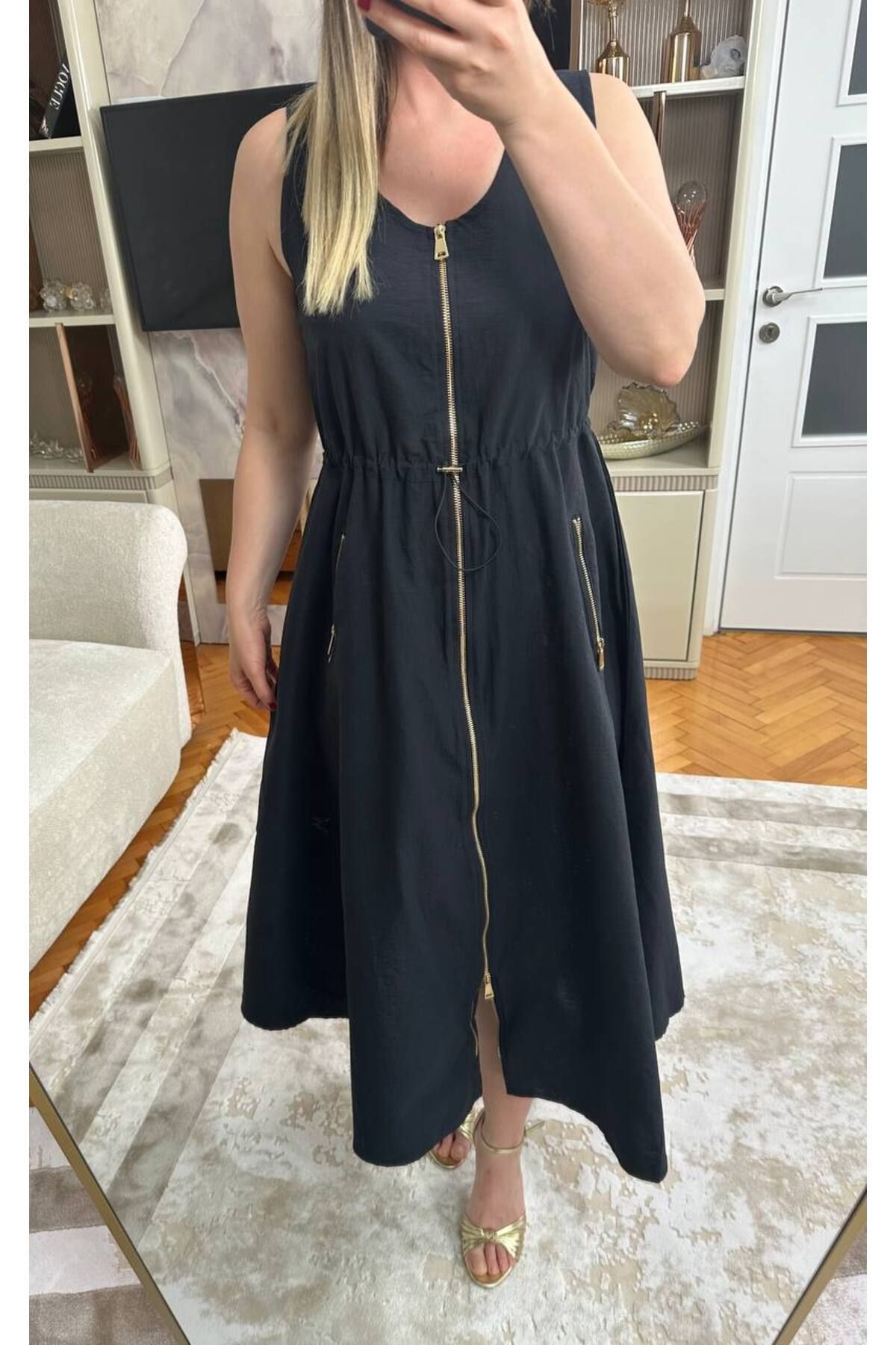 BRGCLOTHING Tasarım Kadın Siyah Bel Büzgülü Gold Fermuarlı Kolsuz Elbise