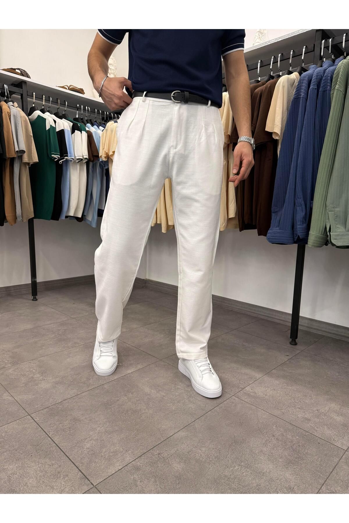 Butik Pileli Baggy Keten Pantolon Beyaz