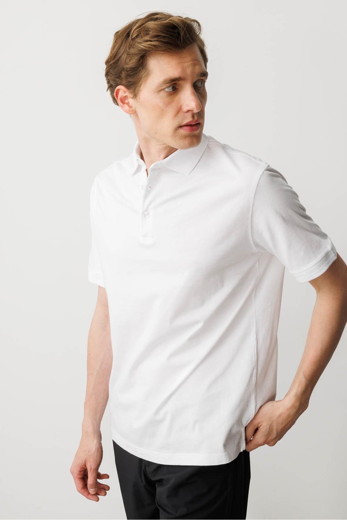 Desen Triko Erkek Polo Yaka T-shirt Beyaz