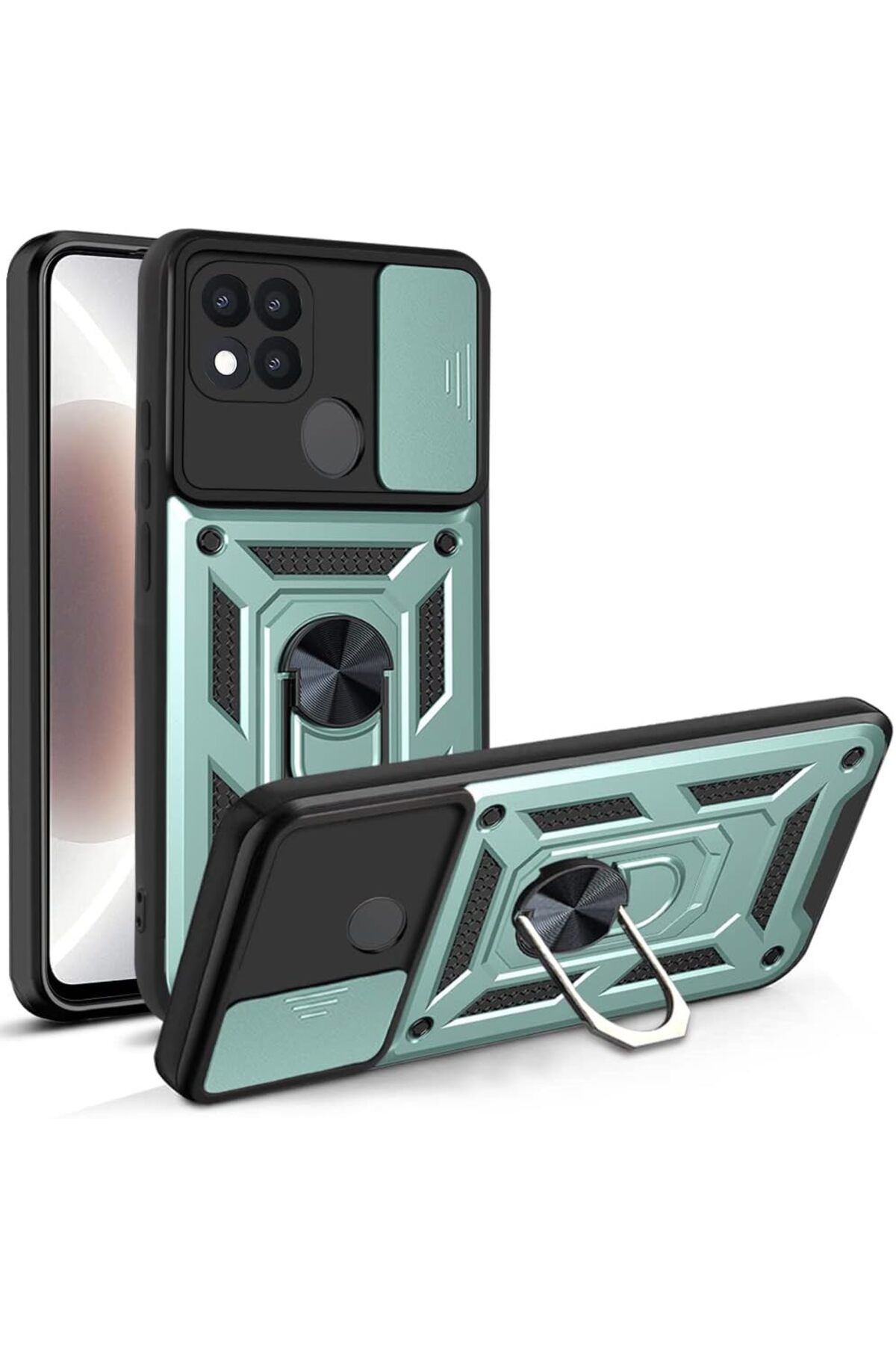 Rivor Oppo A15 & Oppo A15S Uyumlu Kılıf Kamera Sürgülü Standlı Yüzüklü Darbe Emici Zırh Koruyucu Kapak