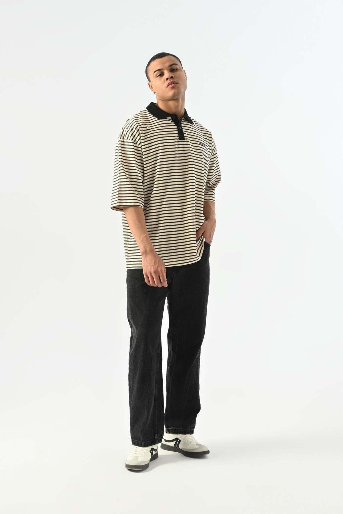jaceyjace Çizgili Polo Yaka T-shirt - Kemik