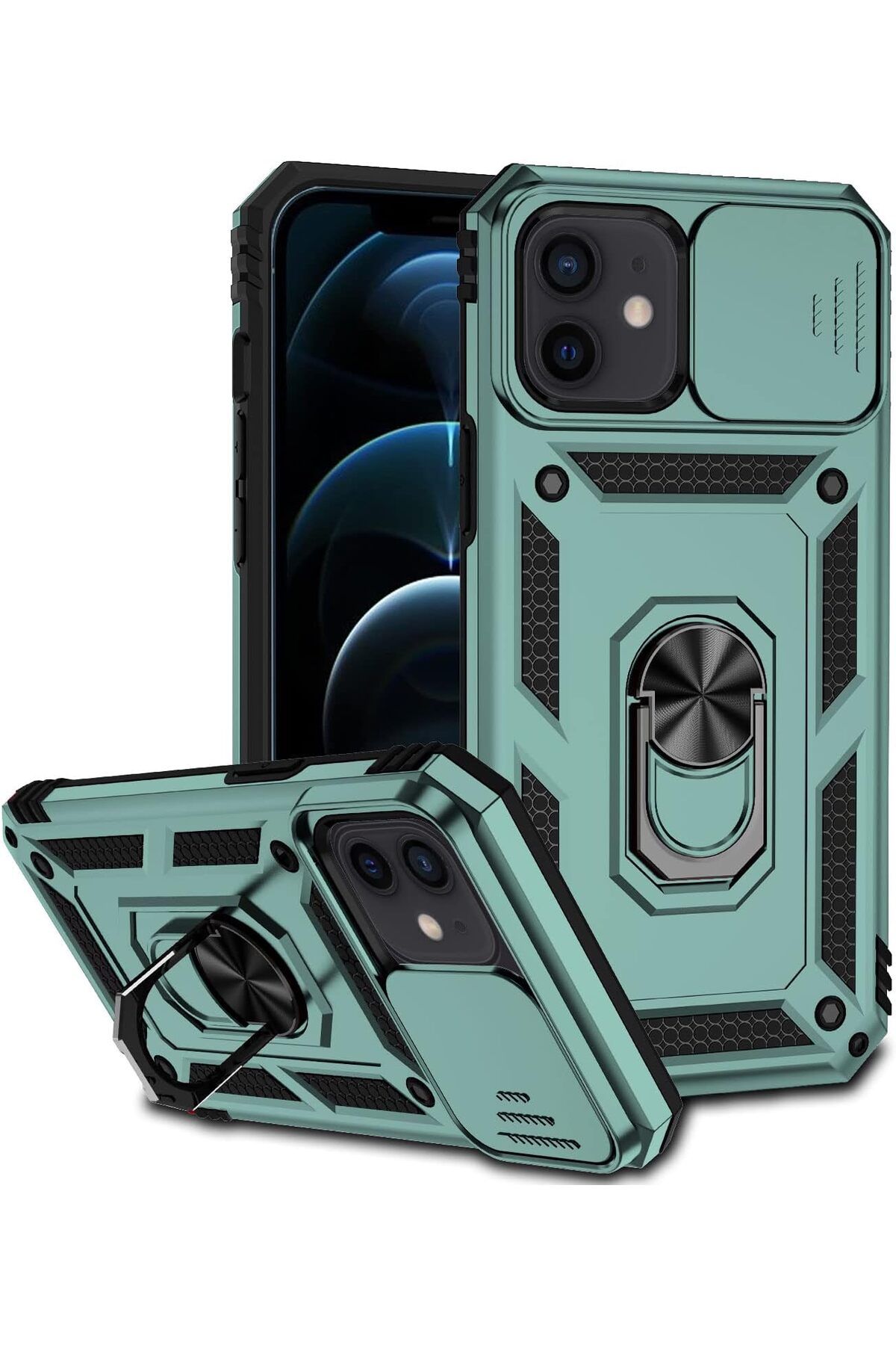 Rivor Apple iPhone 12 Mini Kılıf Kamera Sürgülü Standlı Yüzüklü Darbe Emici Zırh Koruyucu Tank Kapak