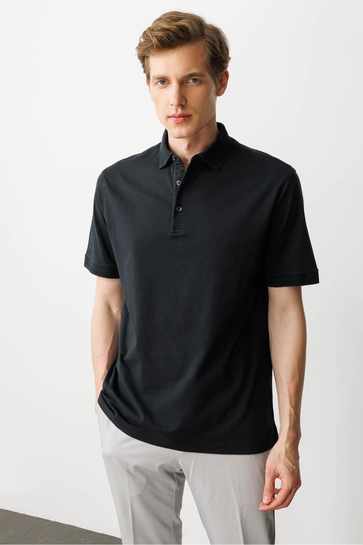 Desen Triko Erkek Polo Yaka T-shirt Siyah