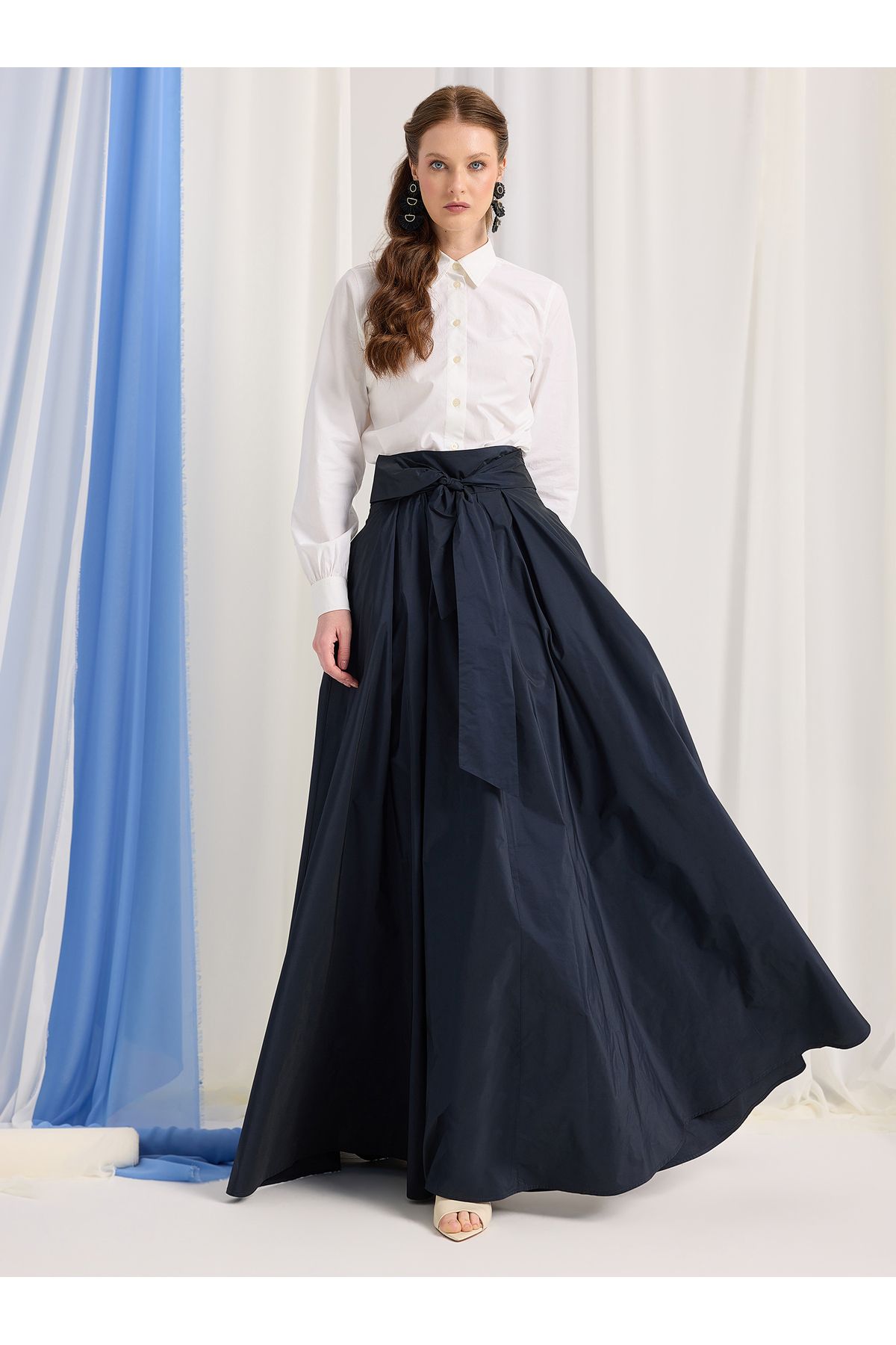 Store Wf Lacivert Tafta Kemerli Maxi Etek