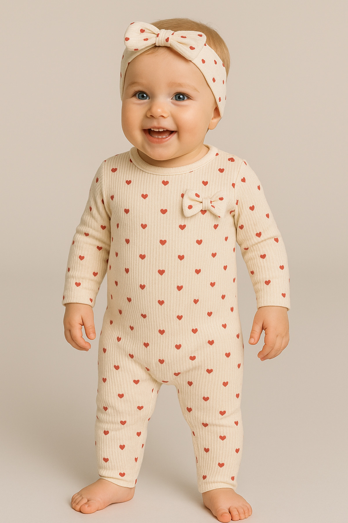 nevrankids Heart Pattern Bandanalı Kız Bebek 2’li Tulum - Ekru fotoğrafı 5 (önizleme)