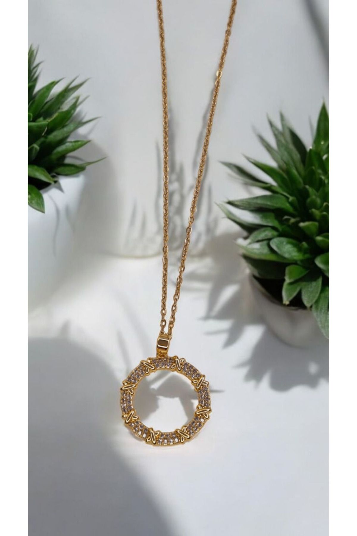 İNİTİUM Premium Seri Paslanmaz Çelik Halka Taşlı Gold Kolye
