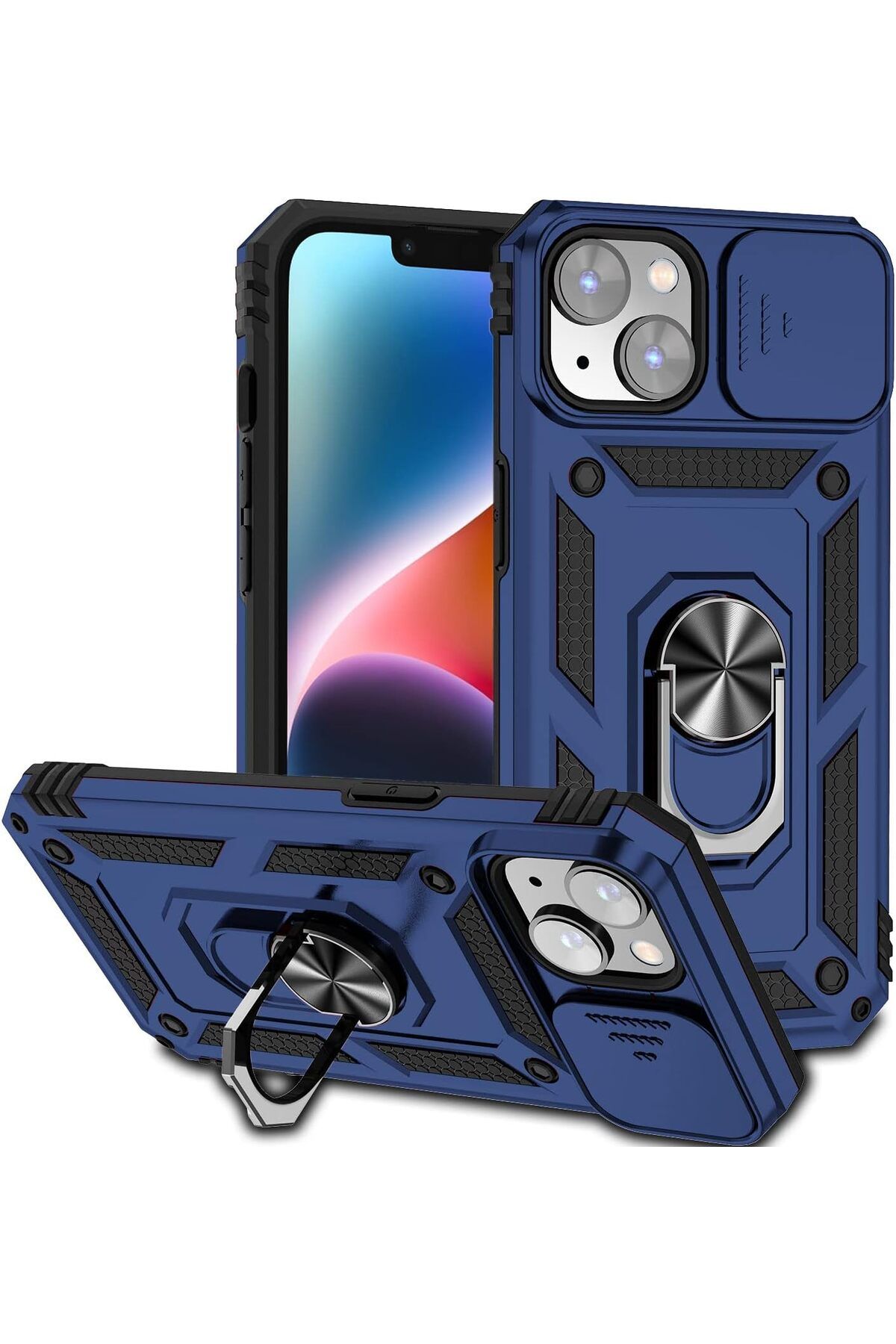 Rivor Apple iPhone 13 & iPhone 14 Kılıf Kamera Sürgülü Standlı Yüzüklü Darbe Emici Zırh Koruyucu Kapak