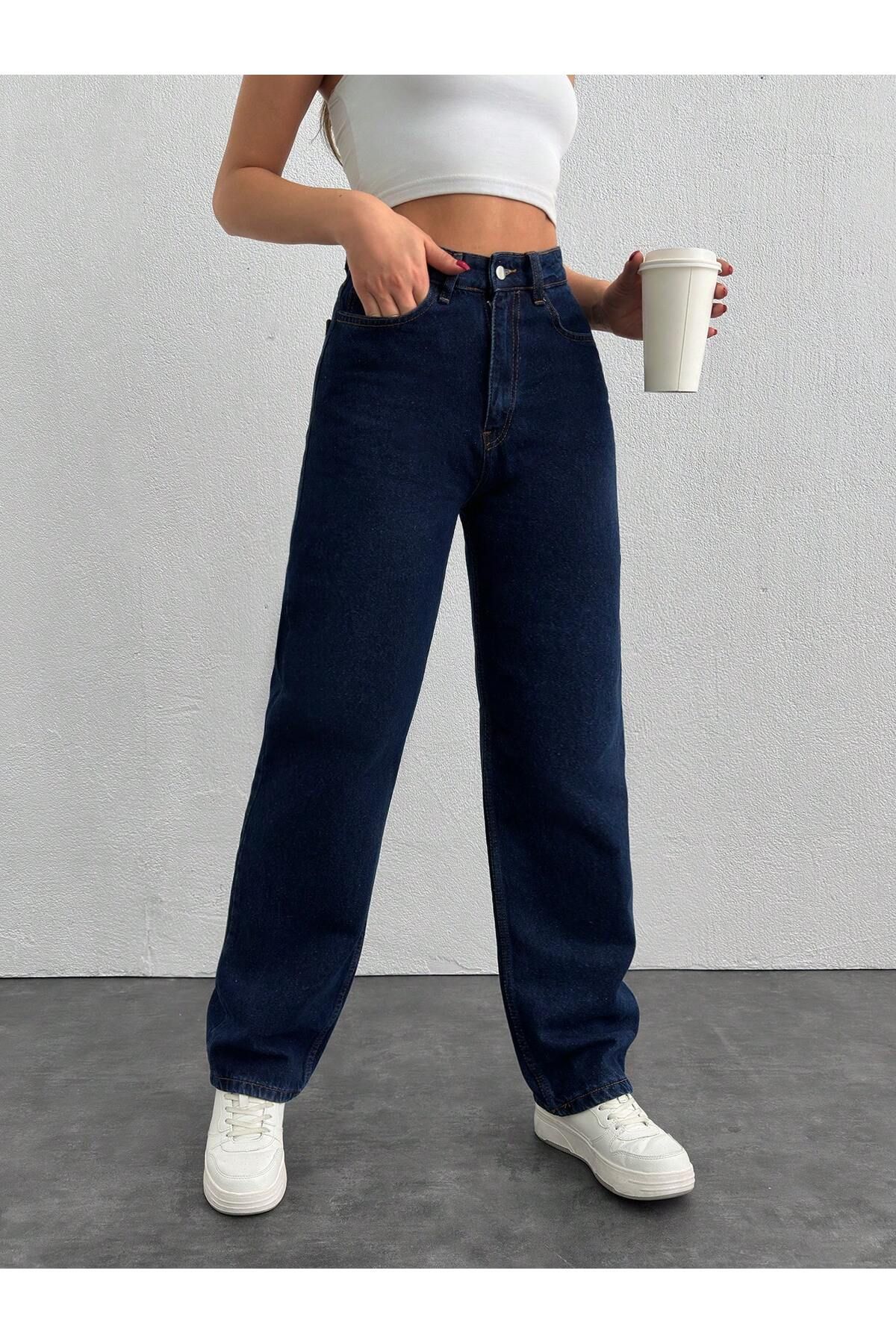 By Caspita Fashion Lenithra Kadın Yüksel Bel Koyu Mavi Taş Yıkamalı Palazzo Geniş Paça Salaş Denim Jean Likrasız