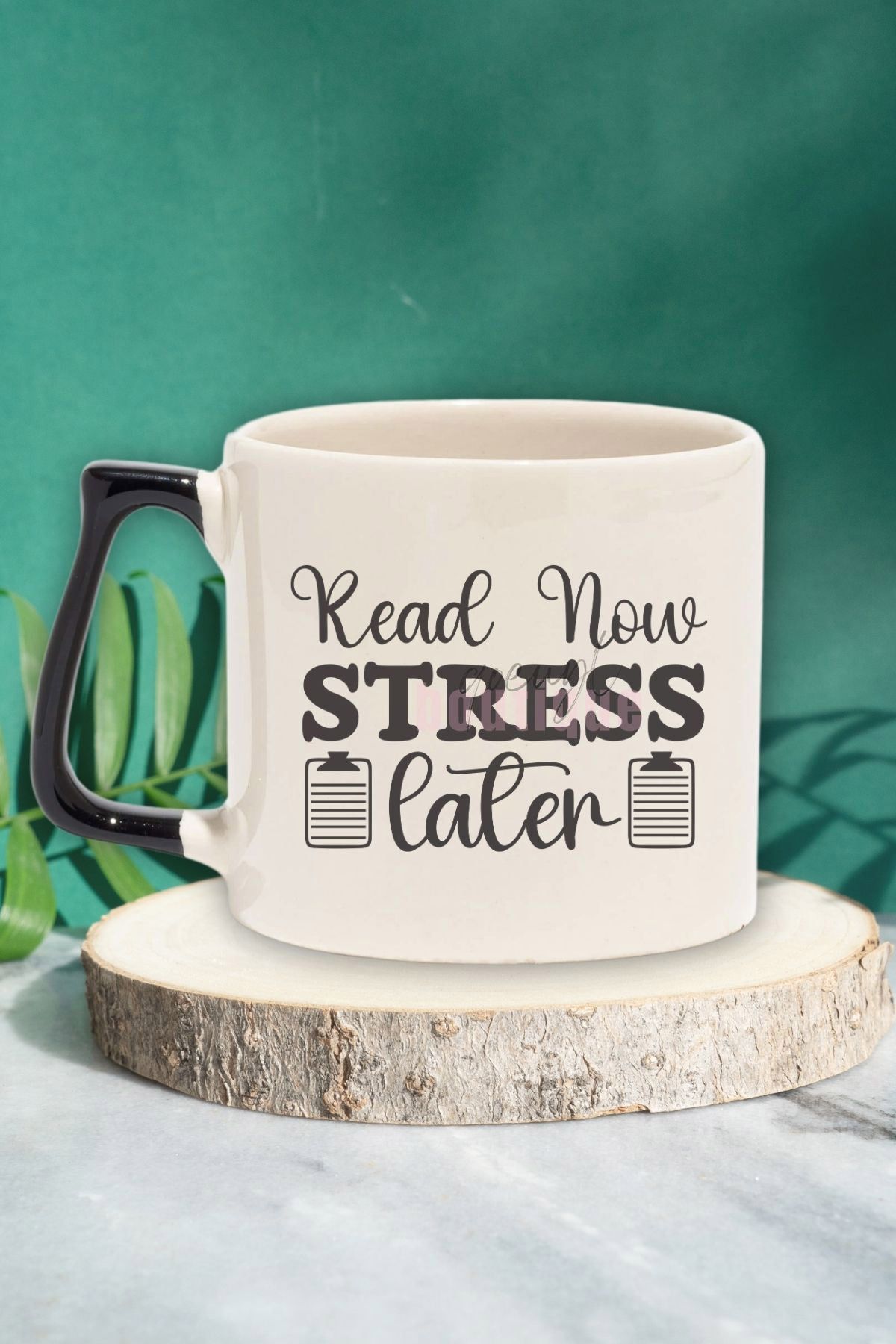 qoeuyl boutique Read Now Stress Later Yazılı Kitap Okuma Motivasyonu Hediyelik Siyah Kulplu Kupa Bardak
