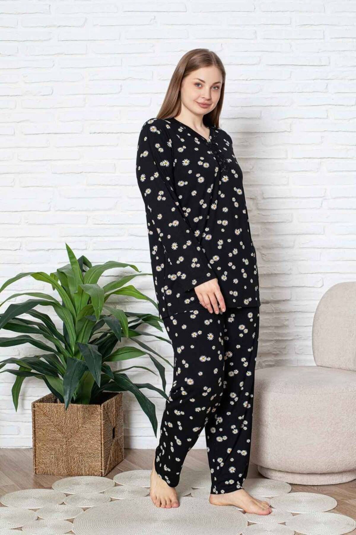 ALİMER-Plus Size Pajama Set - Black Daisy Pattern Long Sleeve Lycra Viscose 2855Uyb 4