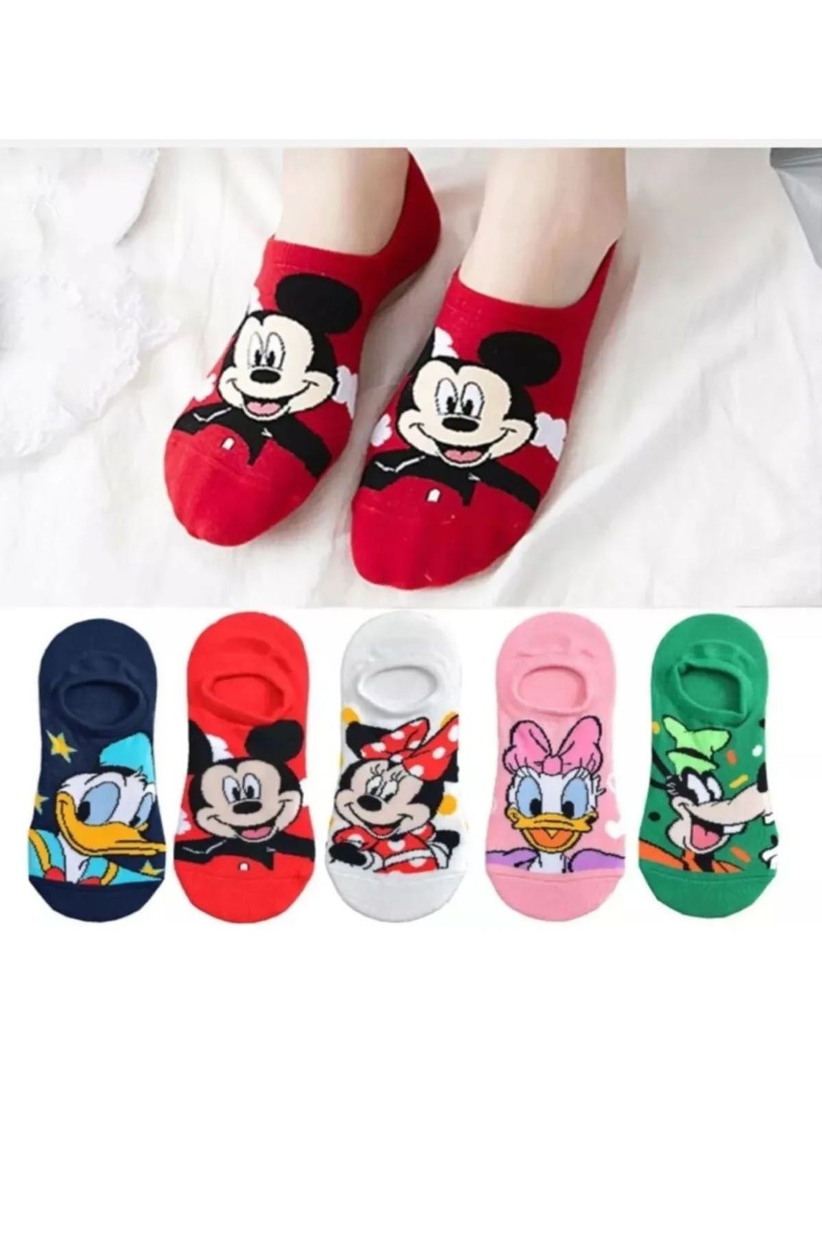 UZN SOCKS 5’lı Çizgi Film Karakterli Renkli Kadın Babet Çorap Seti – Mickey Minnie Donald Daisy Desenli