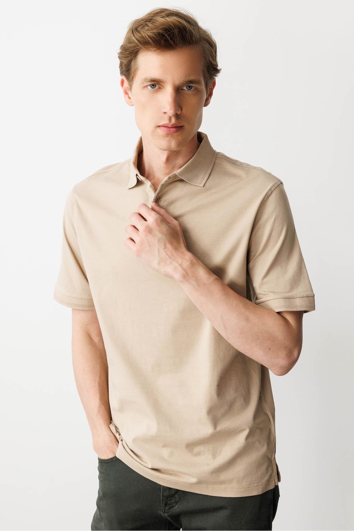 Desen Triko Erkek Polo Yaka T-shirt K.Bej