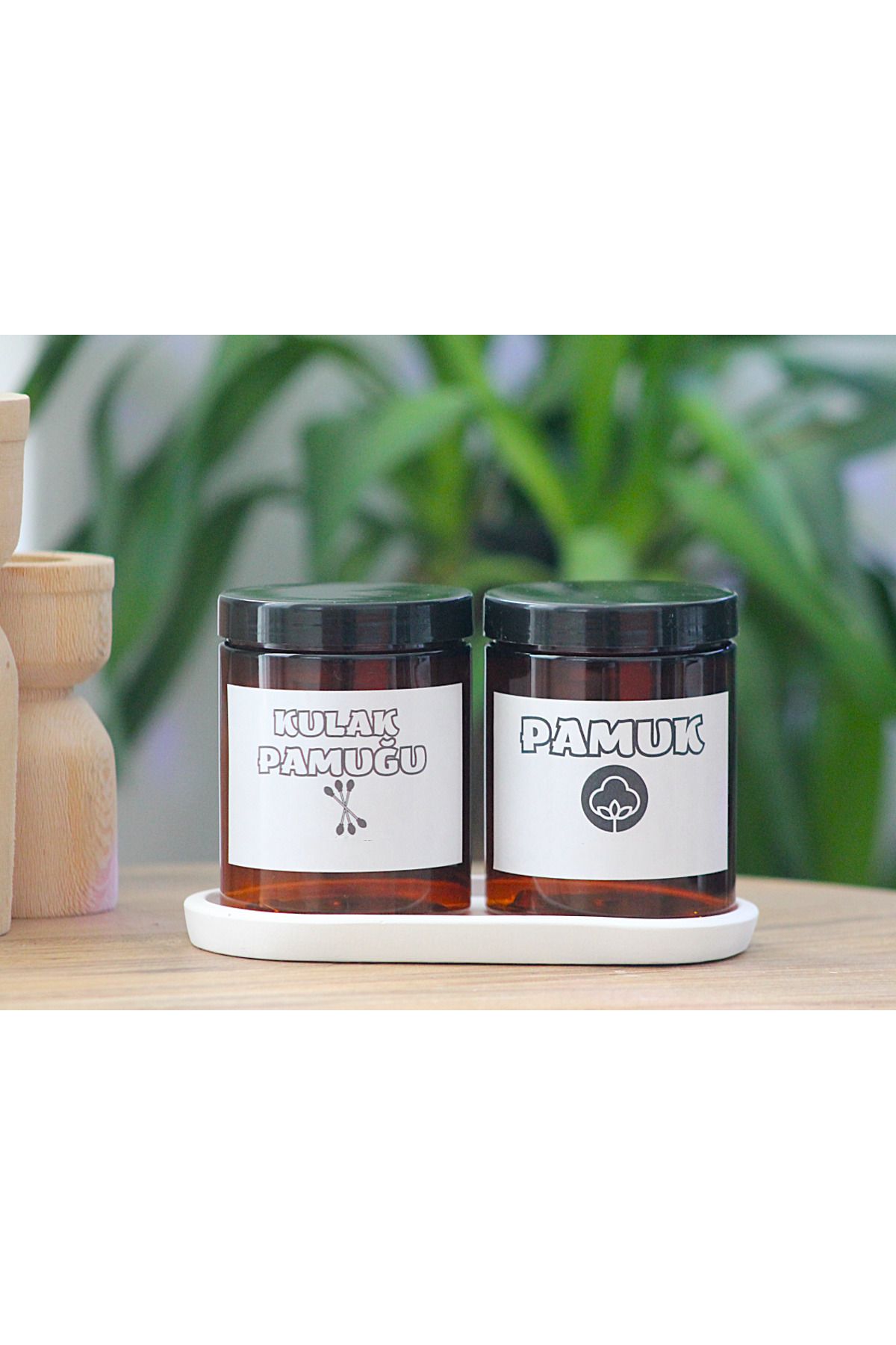 junibeliw 3lü Set Boş AMBER Plastik Banyo Düzenleyici Kulak Pamuğu Pamuk Etiketli Kavanoz 300ml+Altlık