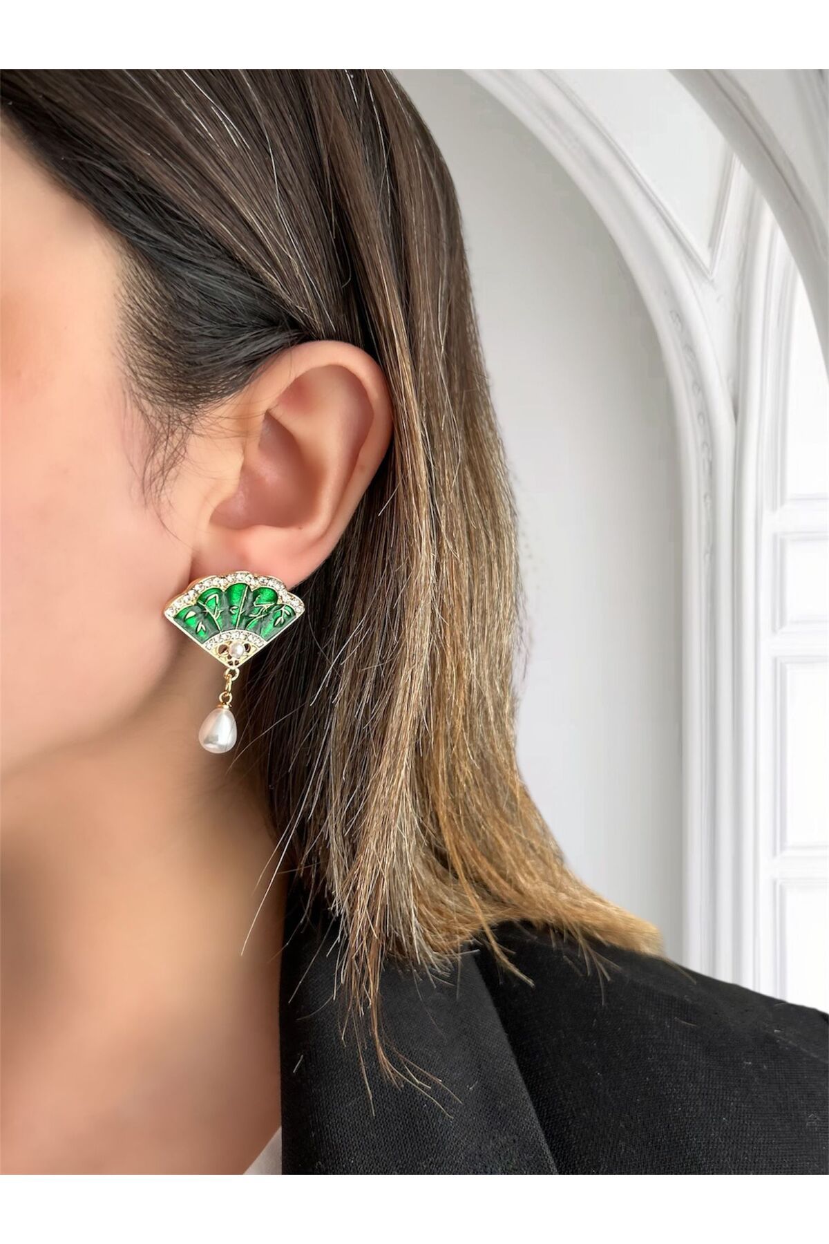 ecekypnrjewelry PASLANMAZ ÇELİK YEŞİL YELPAZE KÜPE
