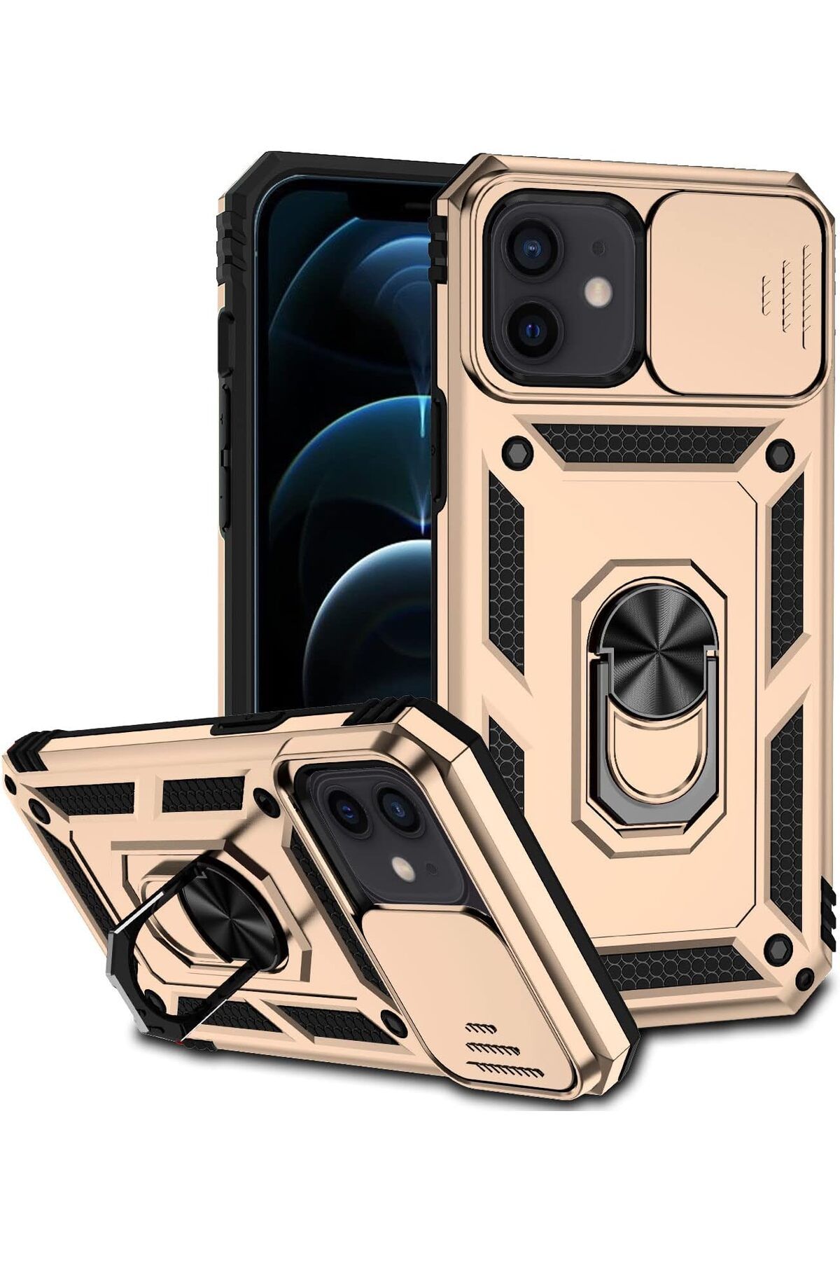 Rivor Apple iPhone 12 Uyumlu Kılıf Kamera Sürgülü Standlı Yüzüklü Darbe Emici Zırh Koruyucu Tank Kapak