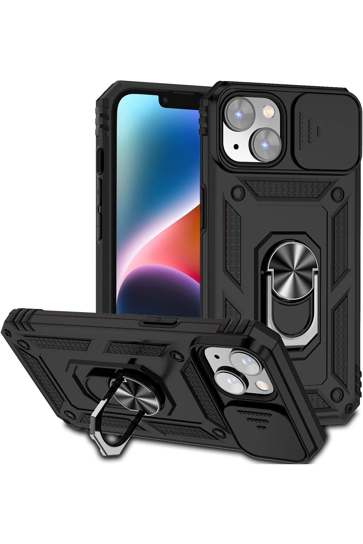 Rivor Apple iPhone 15 Uyumlu Kılıf Kamera Sürgülü Standlı Yüzüklü Darbe Emici Zırh Koruyucu Tank Kapak
