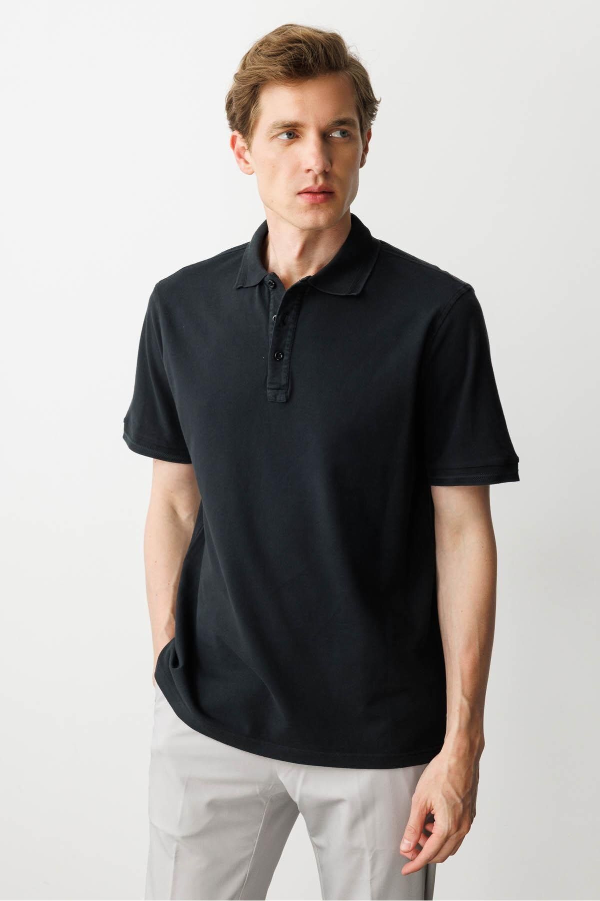Desen Triko Erkek Polo Yaka T-shirt Siyah