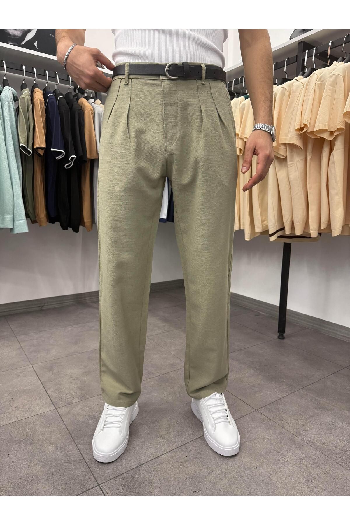 Butik Pileli Baggy Keten Pantolon Yeşil