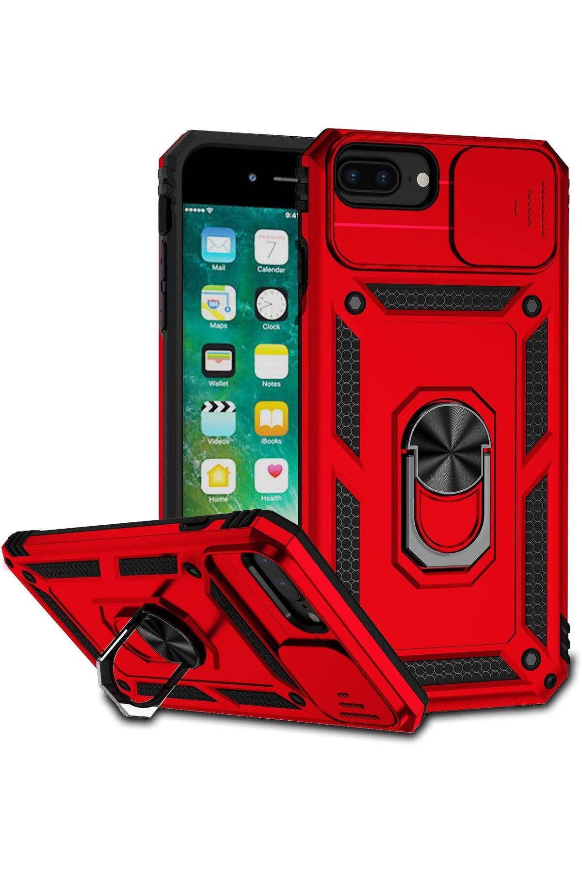 Rivor Apple iPhone 7 Plus & iPhone 8 Plus Kılıf Kamera Sürgülü Standlı Yüzüklü Darbe Emici Zırh Kapak