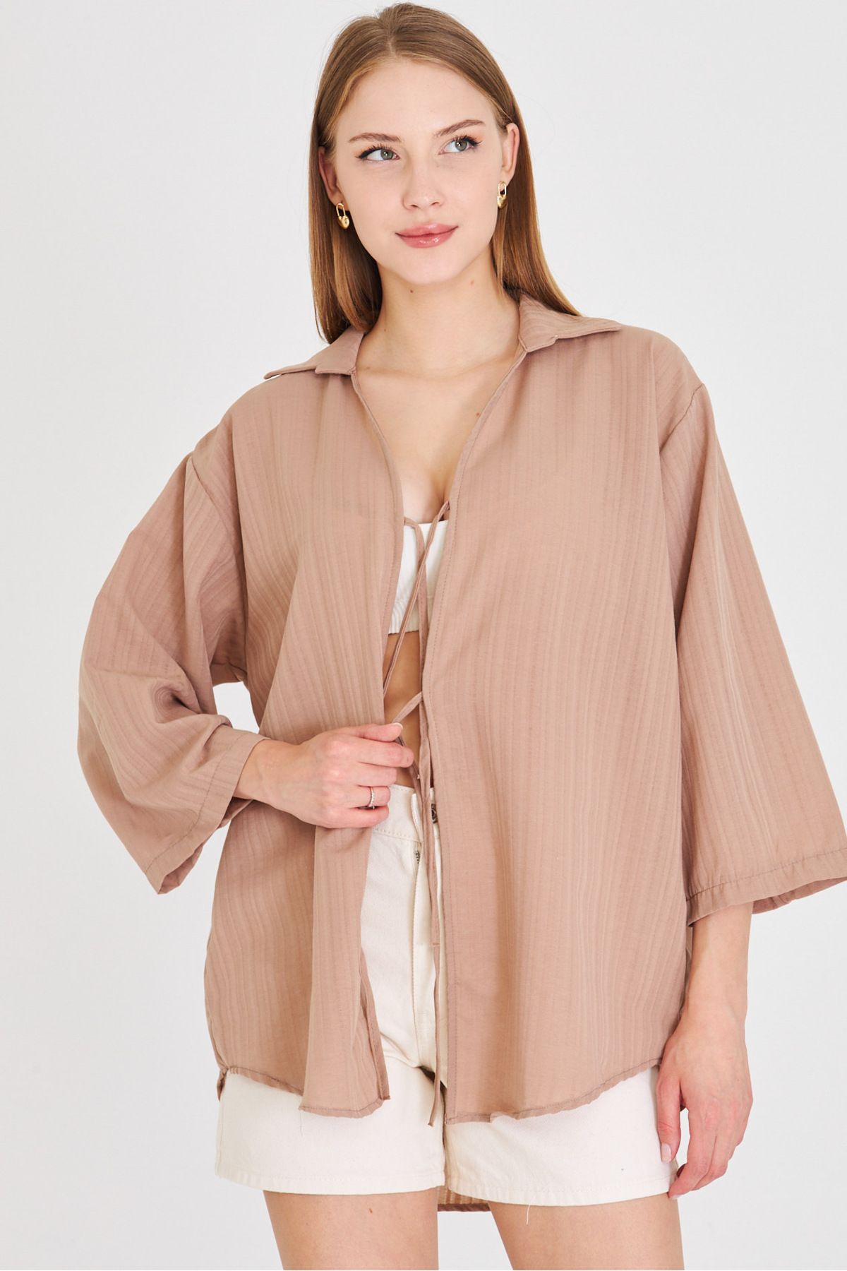 armonika Kadın Vizon Gömlek Yakalı Önden Bağcıklı Kimono Gömlek ARM-25K001006