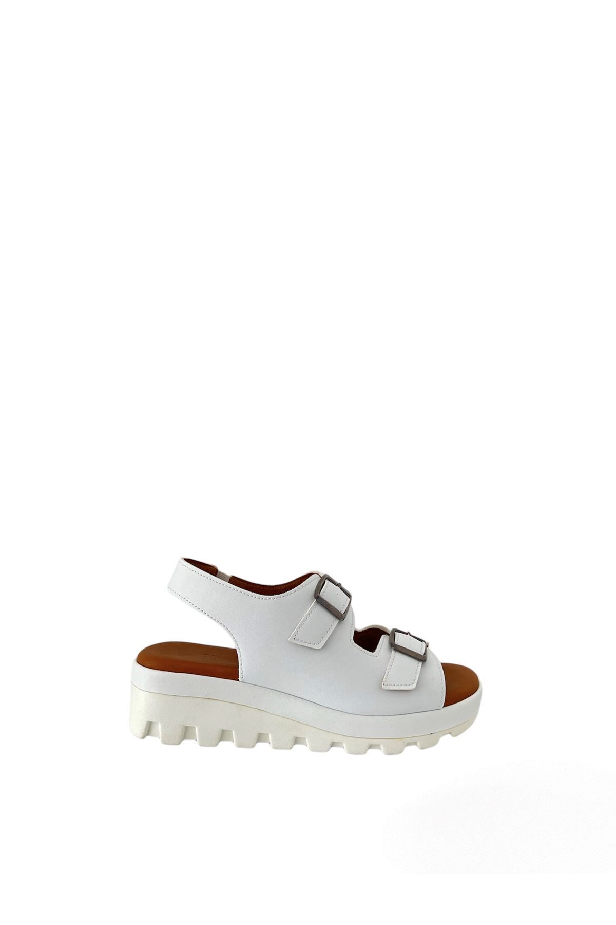 Saracshoes Kadın Çift Tokalı Sandalet Beyaz Solere