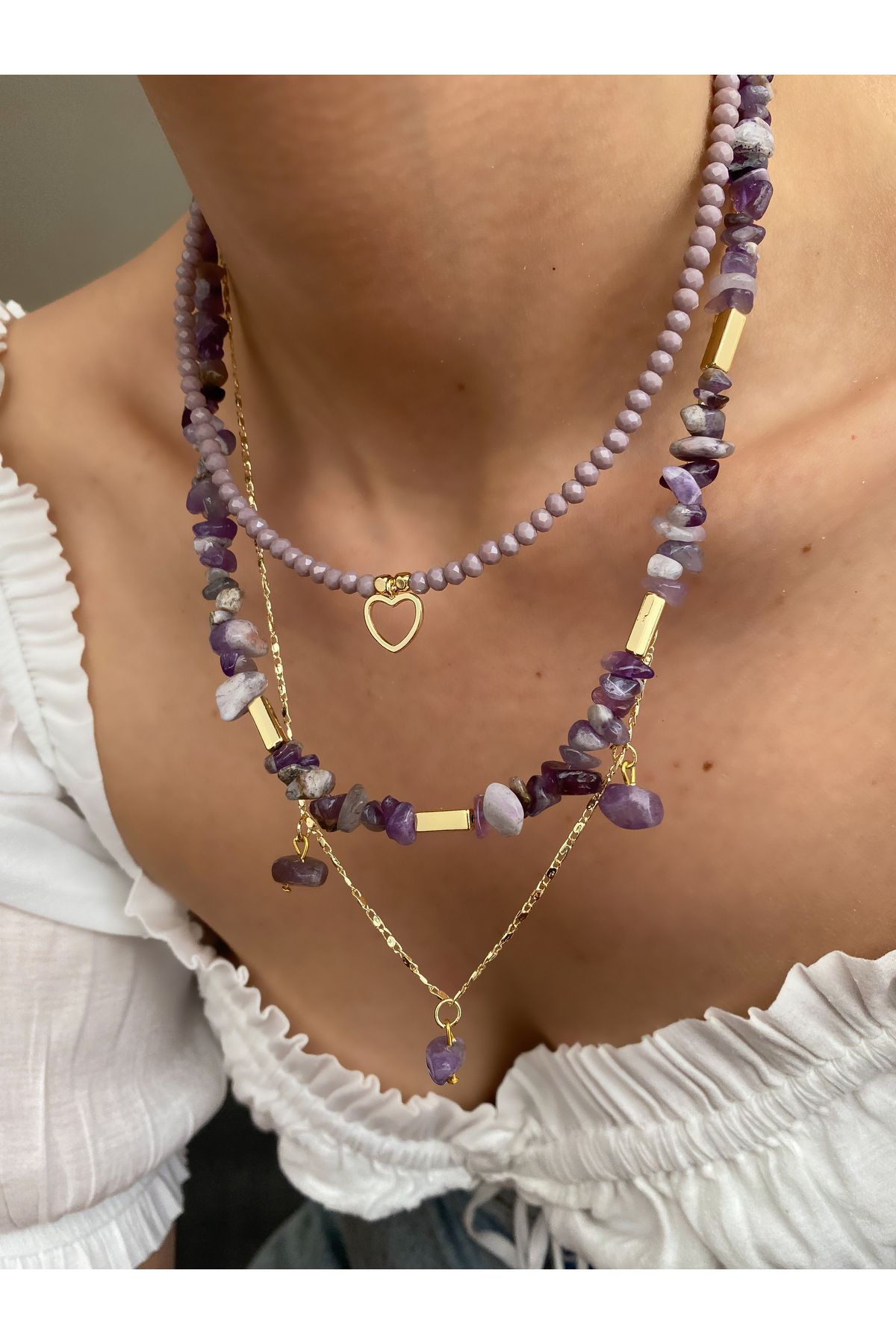 Lucky Designs Gold Doğal Taş Detay Üçlü Set Kolye/ Kadın Çoklu Set Kolye/ Yazlık Çoklu Kolye
