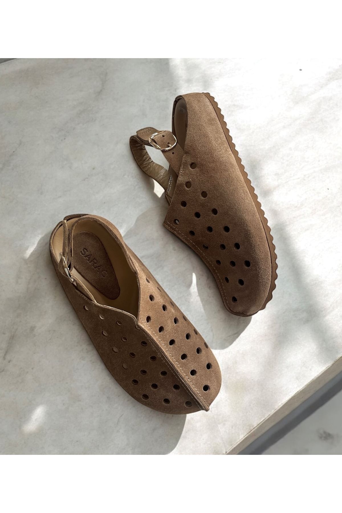 Saracshoes Gerçek Deri Vizon Süet Kadın Sandalet Hollow