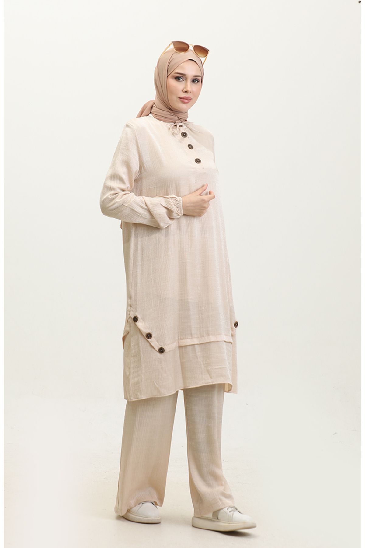 sefamerve-Cream Tunic and Trousers Double Set - Button Detailed 11302-05 2