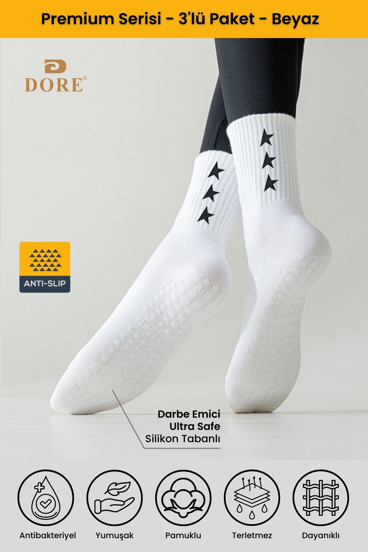 Dore Șosete Cu Talpă Anti-alunecare Pentru Pilates Și Yoga, Unisex, 3 Perechi, Albe Unisex - One Size
