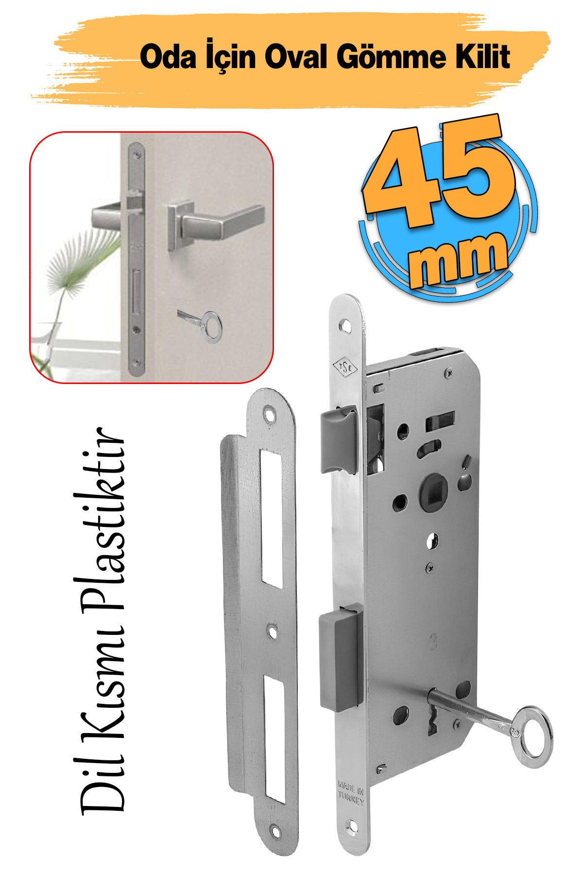 Badem10 Anahtarlı Oda Kapı PVC Kapı Ahşap Kapı WC Banyo Gömme Kilit Gövde Kilidi Silindirsiz Barelsiz 45 mm