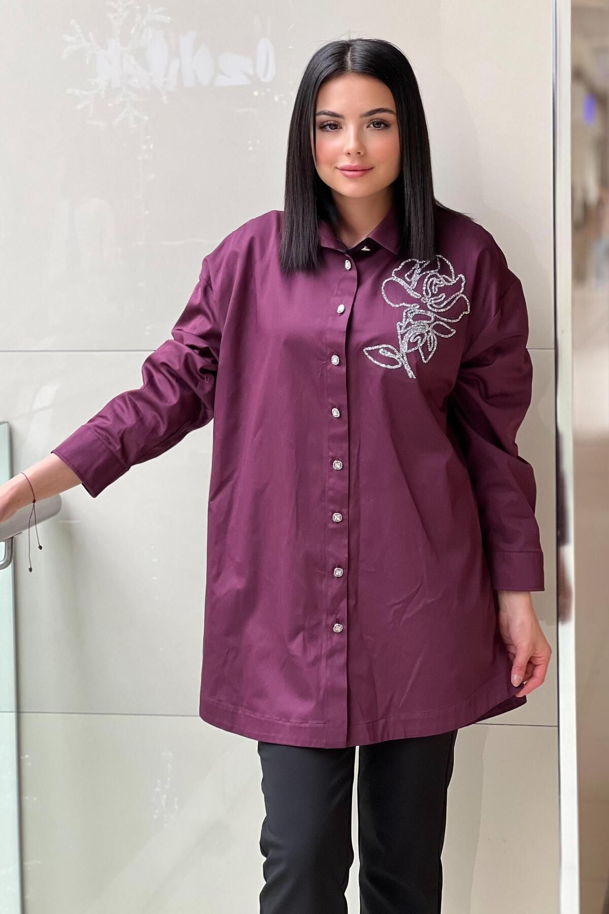 Ghisa Gül Taş İşlemeli Cotton Gömlek