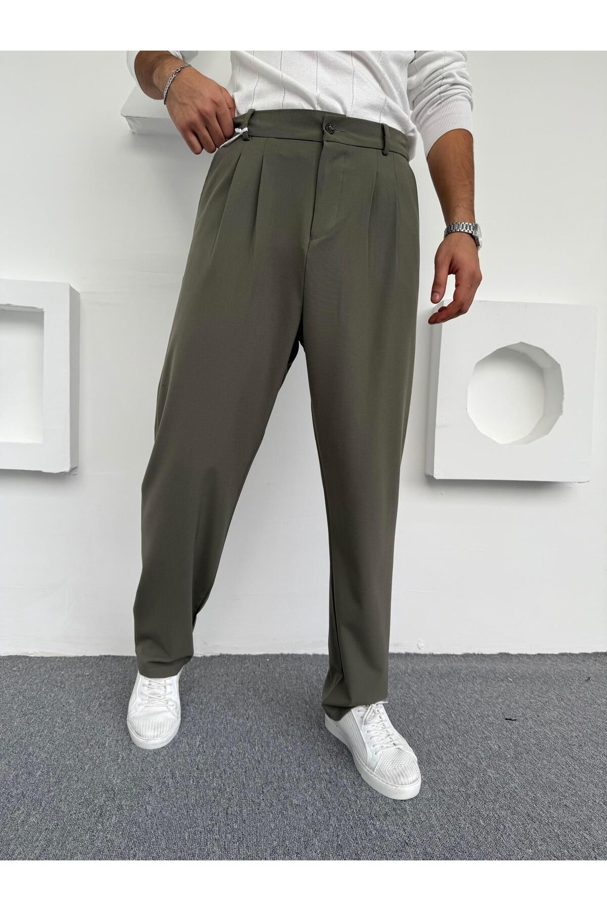 Butik Pileli Baggy Kumaş Pantolon Yeşil
