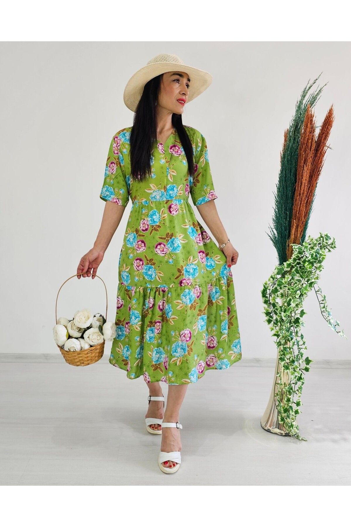 6 butik altı üstü butik Bağlamalı Elbise-yeşil
