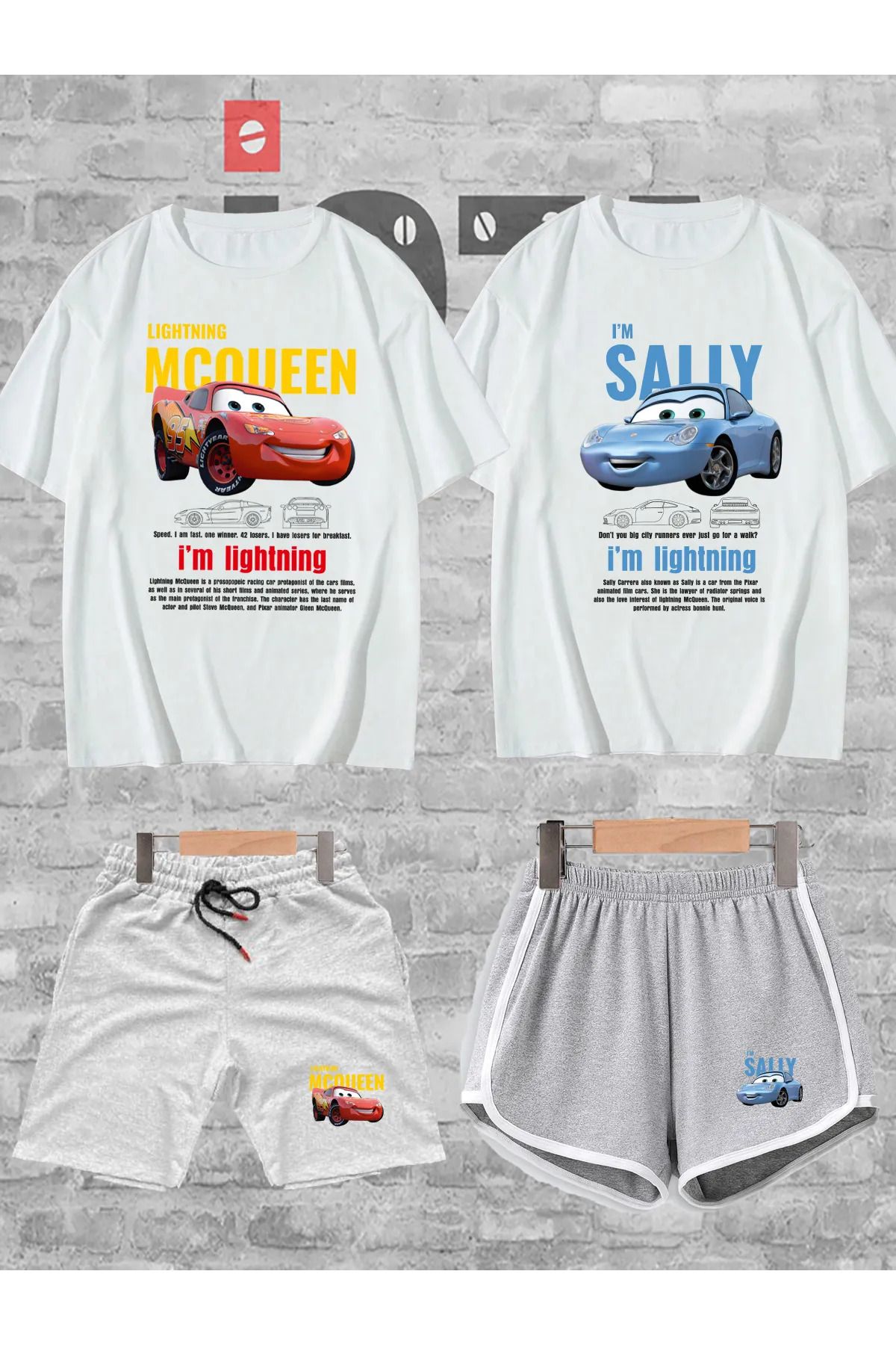 Jobia Outdoors Kadın Erkek Sally McQueen Cars Baskılı Sevgili Çift Kombini Tasarım Oversize Tshirt Şort 4lü Set