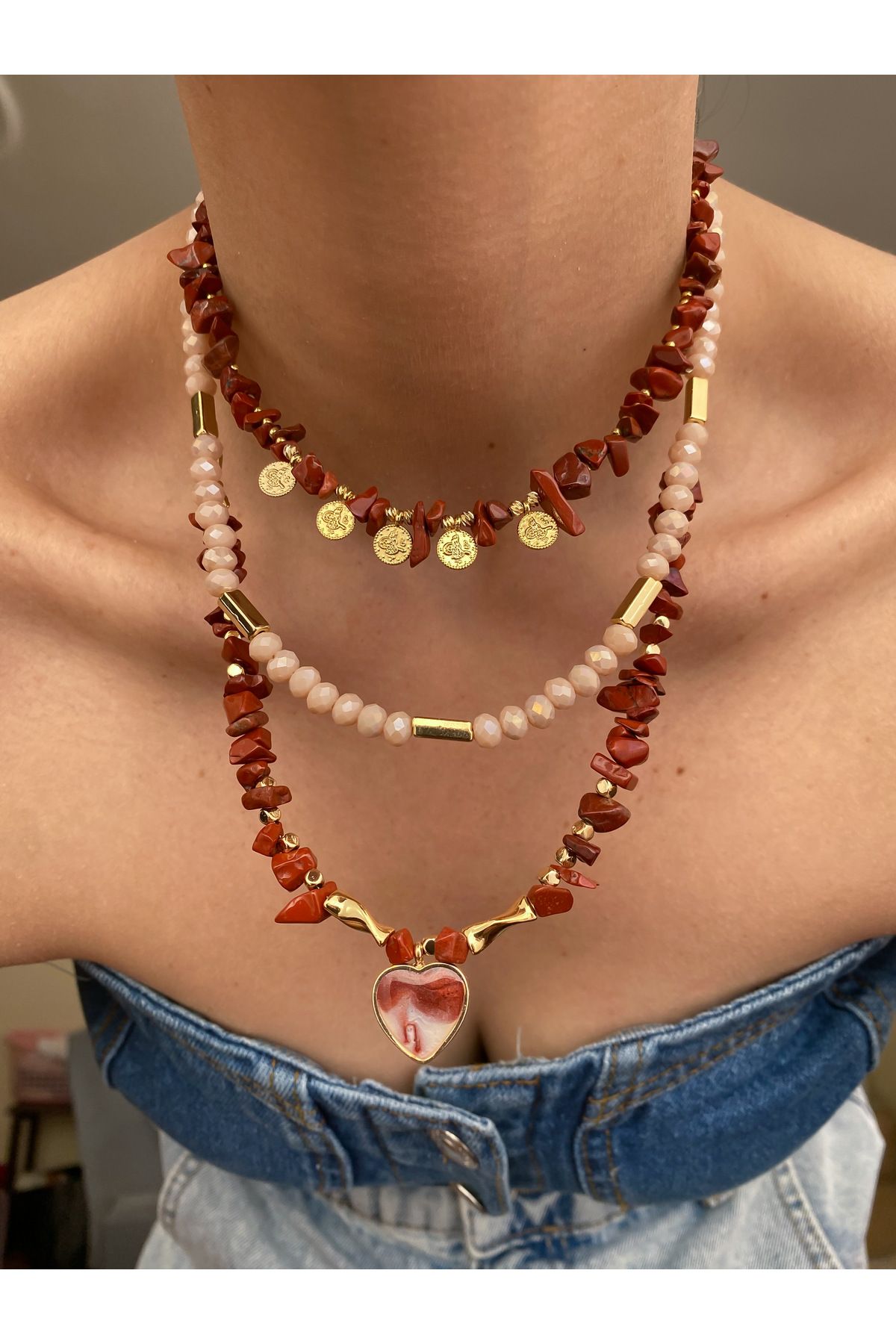 Lucky Designs Gold Doğal Taş Detay Üçlü Set Kolye/ Kadın Çoklu Set Kolye/ Yazlık Çoklu Kolye