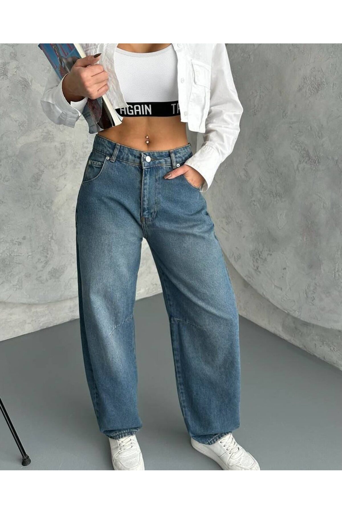 Rift Jeans Baggy Yıkamalı Toka Detaylı Bol Kesim Geniş Paça Rahat Jean Kot Salaş Kadın Pantolon