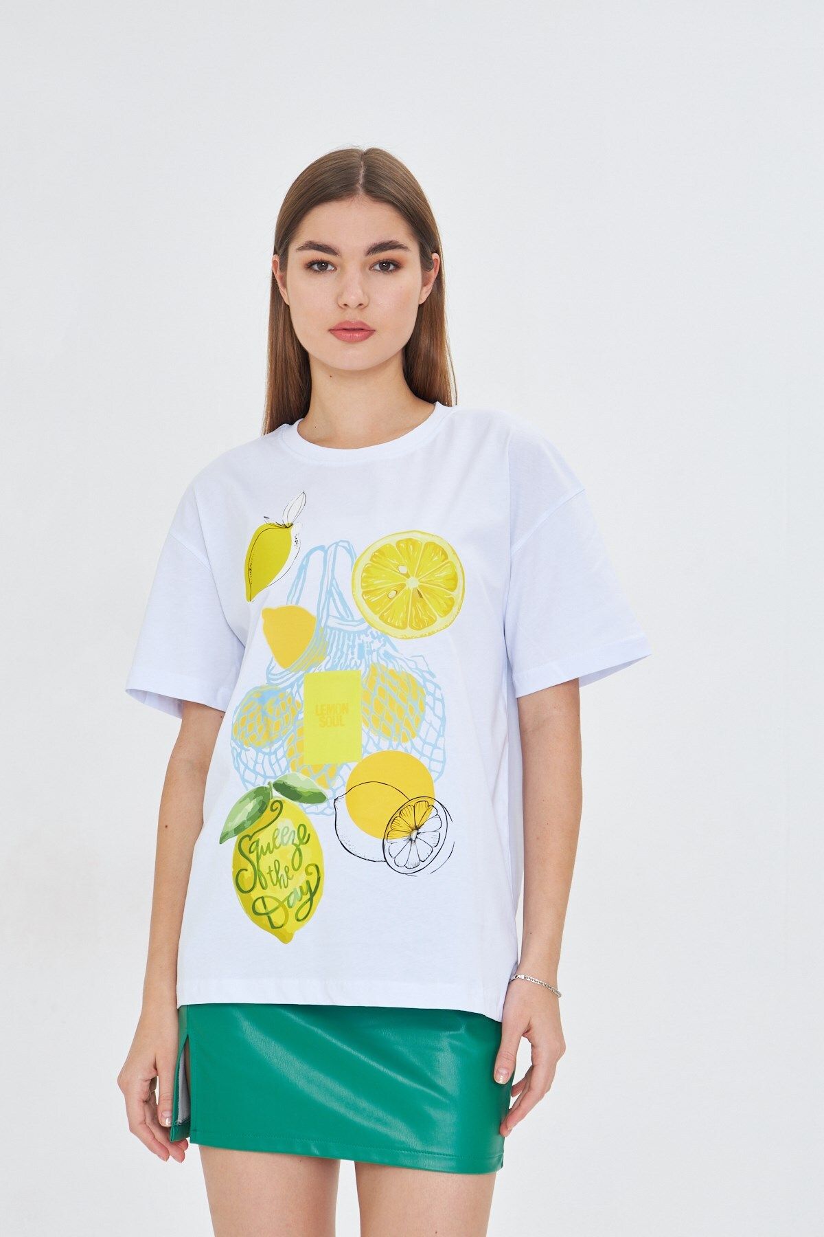 GIA - ART Kadın Limon Baskılı Lila Oversize Yazlık Tişört Squeeze The Day