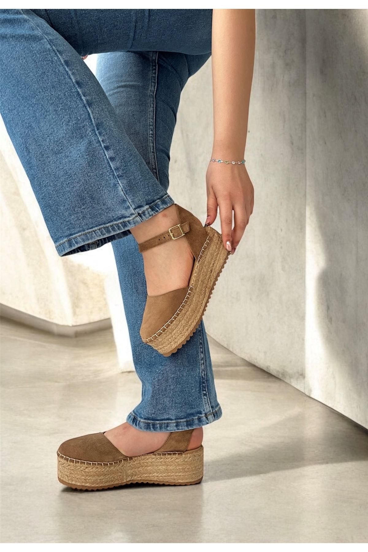 Saracshoes Gerçek Deri Süet Kahverengi Kadın Espadril Espadro