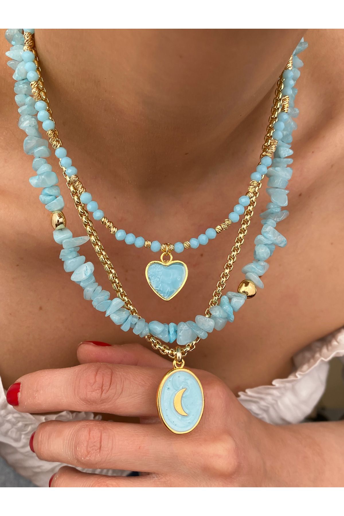 Lucky Designs Gold Doğal Taş Detay Üçlü Set Kolye/ Kadın Çoklu Set Kolye/ Yazlık Çoklu Kolye