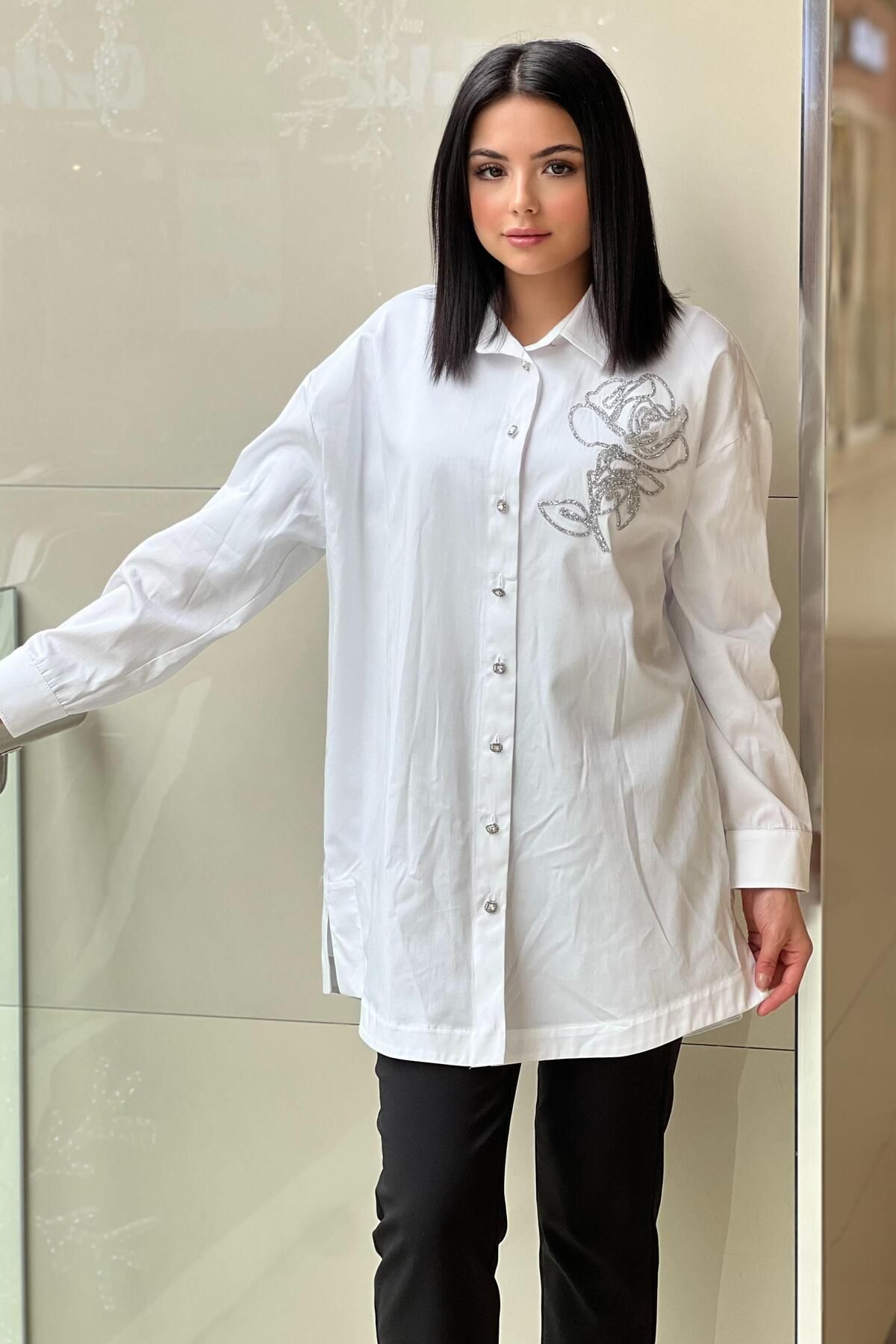 Ghisa Gül Taş İşlemeli Cotton Gömlek