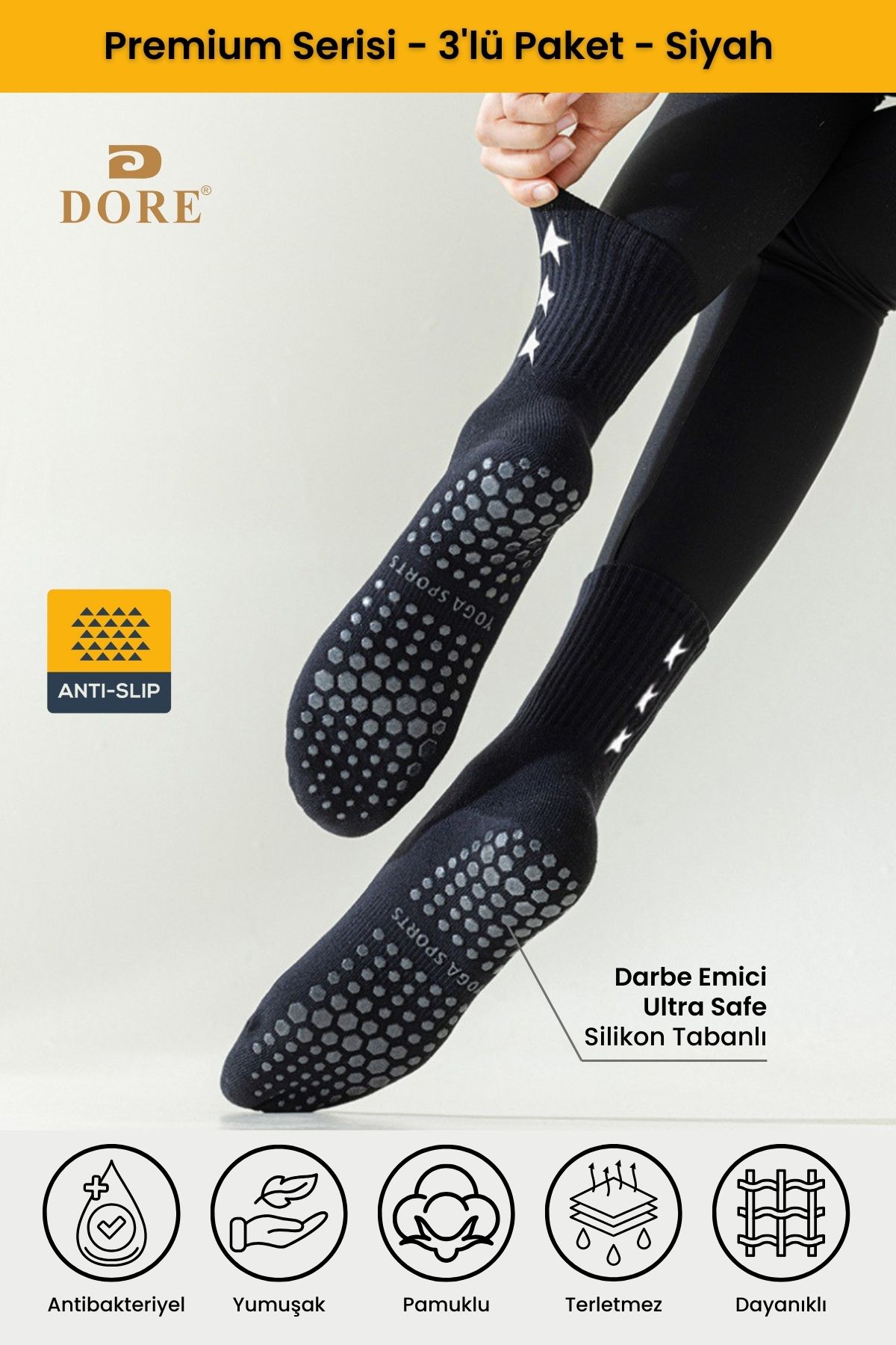 Dore Șosete Cu Talpă Anti-alunecare Pentru Pilates Și Yoga, Unisex, Premium, 3 Perechi, Negru Unisex - One Size